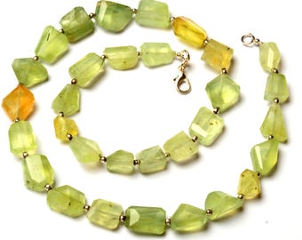 Natural Prehnite Gemstone 14 to 15 mm Size Faceted Nugget Shape Beads 18.5" Necklace