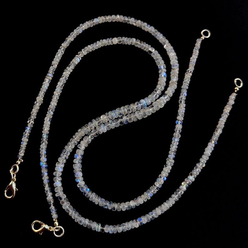 Collar de piedra lunar de fuego arcoíris, cuentas redondas lisas, 40,6 cm 3 to 4.5 mm