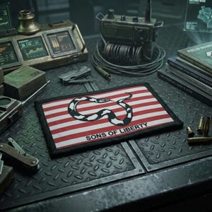 May include: A rectangular patch with a red and white striped background and a black and white snake coiled in the center. The text "SONS OF LIBERTY" is printed in white along the bottom edge. The patch is on a metal surface.