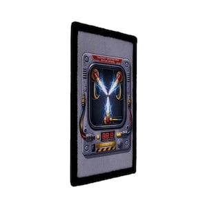 May include: A rectangular wall art piece featuring a gray metallic panel with a central flux capacitor design. The graphic displays three glowing blue electrical arcs, red and blue wiring, a digital display reading 88.8, and yellow hazard stripes.
