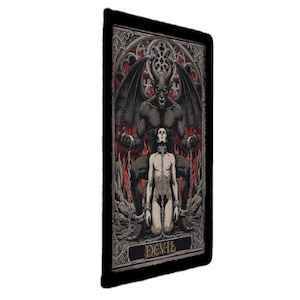 May include: A rectangular wall tapestry featuring a dark illustration of a winged devil figure standing behind a kneeling person in chains. The scene is set against a red and grey gothic archway background with the word DEVIL printed at the bottom.