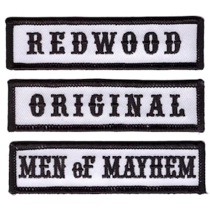 May include: Three rectangular embroidered patches with black borders and text. The top patch reads "REDWOOD" in bold, black letters. The middle patch says "ORIGINAL". The bottom patch reads "MEN of MAYHEM". All patches have a white background.