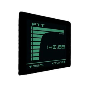 May include: A black electronic device with a green illuminated display. The screen shows a frequency reading of 140.85, a bar graph, and the text "PTT", "MAX", "MEM.", and "TUNE".