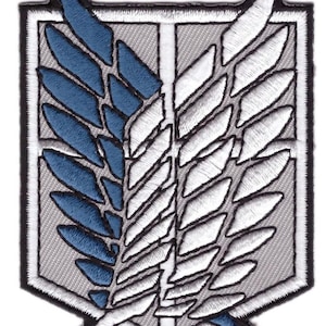May include: Embroidered patch with a design of blue and white wings on a grey background. The patch has a black border and a geometric design, suitable for jackets or bags.