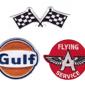 GULF Gas Fuel Oil Mechanic Garage Racing Checkered Flags Iron on Patch