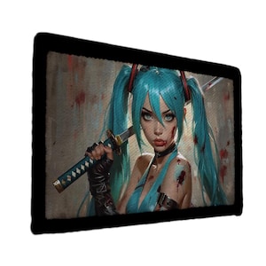 May include: A rectangular art print featuring a digital illustration of a woman with teal hair in pigtails, holding a katana. The woman has a serious expression and is wearing a blue outfit. The background has a grunge texture with red splatters.