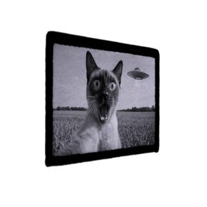 Könnte beinhalten: Ein rechteckiger gestickter Aufnäher mit einem schwarz-weißen Bild einer Siamkatze mit weit aufgerissenen Augen und offenem Mund auf einem Feld. Eine fliegende Untertasse ist am Himmel über der Katze zu sehen. Der Aufnäher hat einen dicken schwarzen Rand.