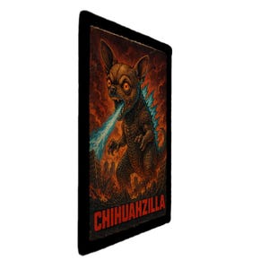 May include: An art print depicting a chihuahua as a monster, exhaling blue flames over a burning city. The print has the text "CHIHUAHZILLA" in red. The artwork is set within a black border.