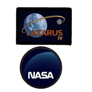 May include: Two patches: one rectangular, one circular. The rectangular patch features a blue Earth with a gold orbital path and the text "LAZARUS IV." The circular patch has a blue background with the white text "NASA."
