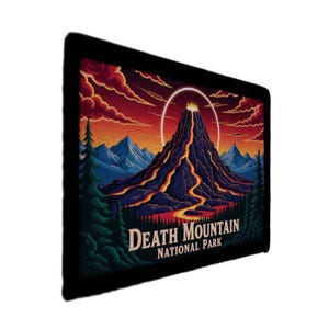 May include: A rectangular art print featuring a stylized illustration of a volcano erupting under a fiery sky. The artwork includes the text "DEATH MOUNTAIN NATIONAL PARK" at the bottom, with a black border.