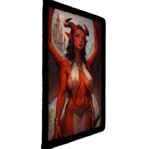 May include: A fantasy art print depicting a red-skinned humanoid with horns, wings, and a white outfit. A castle is visible in the background. The artwork is framed in black.