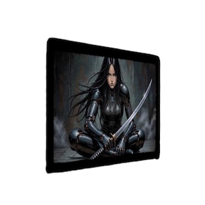 May include: A rectangular wall art print featuring a dark-haired figure in black metallic armor sitting in a cross-legged position. The figure holds a long, curved silver sword across their lap against a textured, smoky gray background.