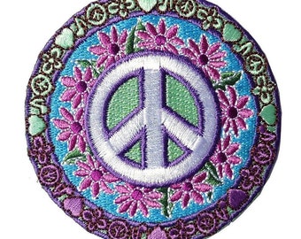 Parche retro hippie vintage de los años 70 con flores y símbolo de la paz