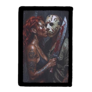 May include: A patch depicting a woman kissing a person in a hockey mask, who is holding a blood-stained knife. The woman has red hair and tattoos. The patch has a black border.