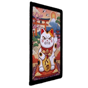 May include: A rectangular graphic featuring a Japanese Maneki Neko cat with an angry expression, giving the middle finger. The background depicts a traditional Japanese landscape with a torii gate, Mount Fuji, and cherry blossoms.