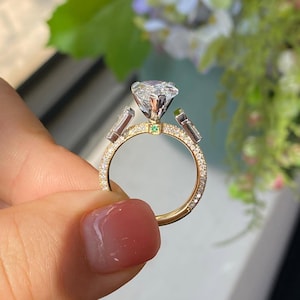 4Ct Pear Lab Diamond Engagement Ring: Sterling Silver Baguette, Pave Band