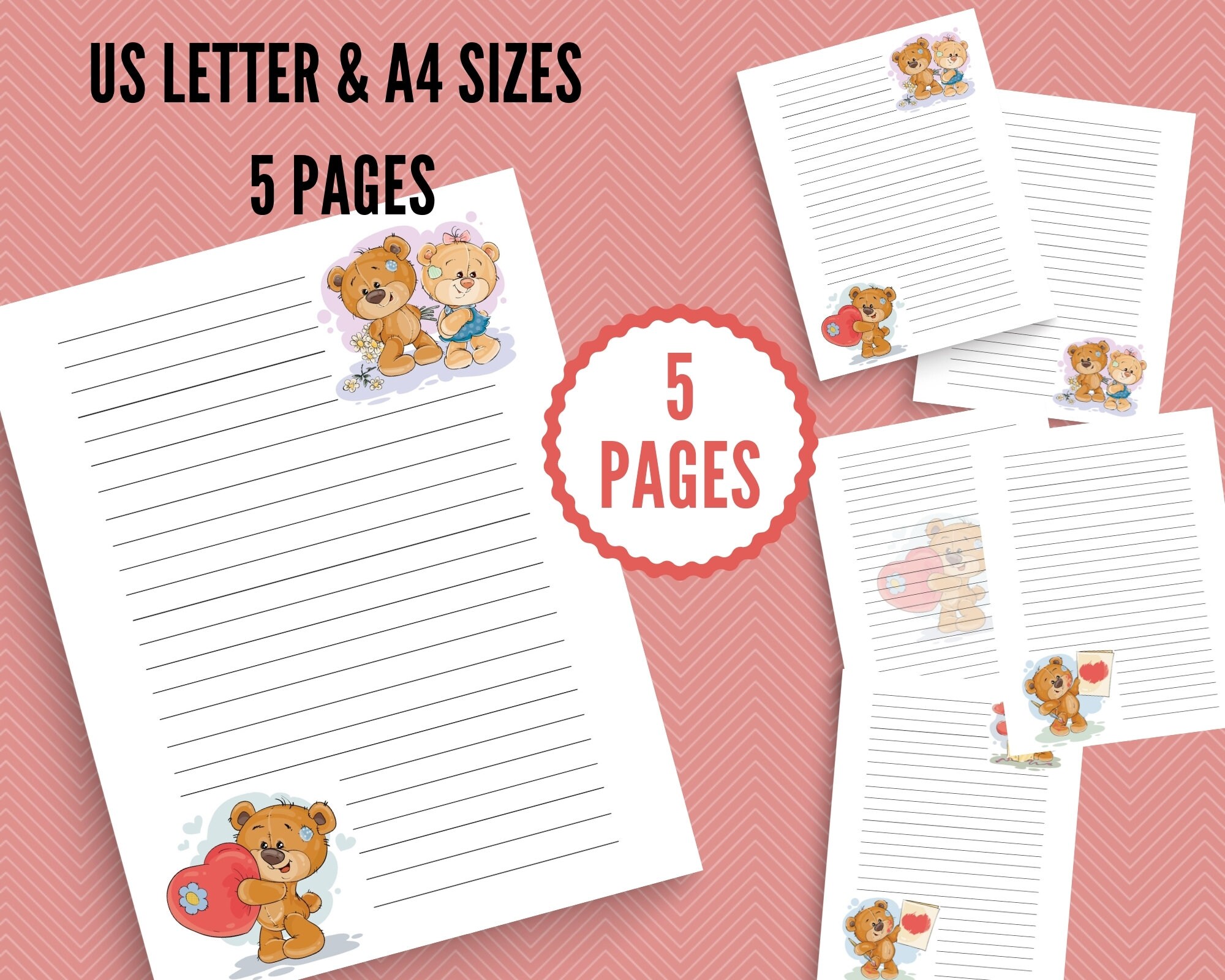 Cute Bear Stationery Paper Lined Paper Printable Digital | Etsy