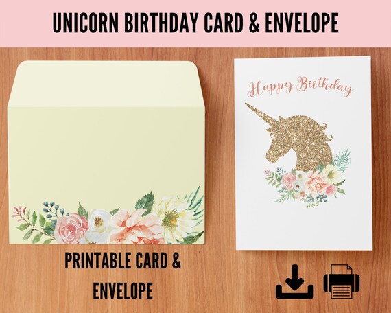 unicorn printable birthday card instant download pdf girl etsy