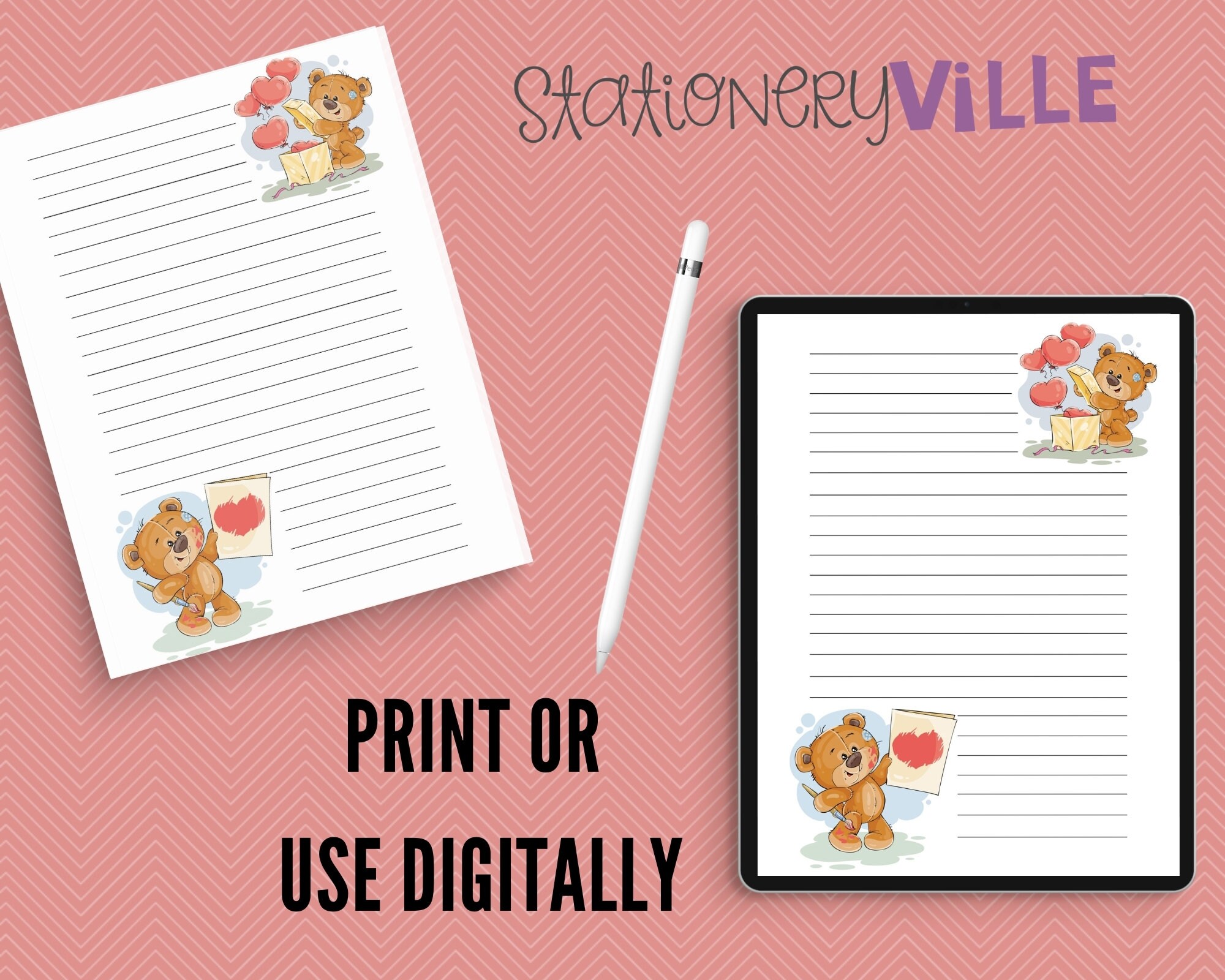 Cute Bear Stationery Paper Lined Paper Printable Digital | Etsy