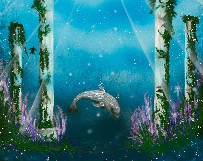 Ocean Painting, Spray Paint Art, Fantasy Art, Dolphin Art Print, Dolphin Painting, Atlantis, Crystal Art