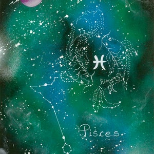 Arte del zodíaco Piscis, arte astrológico, regalos astrológicos, decoración de pared celestial, arte de la constelación de Piscis, regalos de cumpleaños únicos,