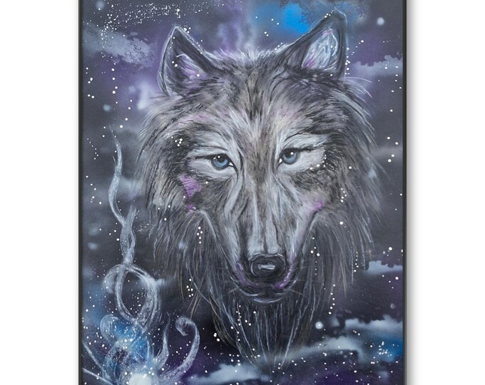 Original Wolf Artwork, Native American inspired wolf artwork for wall, Wolf portrait for animal lovers' walls, lone wolf for wall hangings