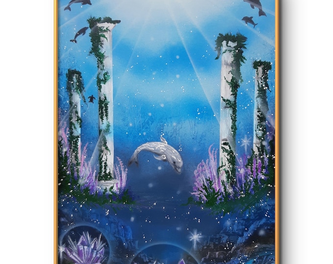 Mythical Atlantis dolphin art for home decor, Dolphin swimming through Atlantis towers crystal art, Dolphin underwater painting,
