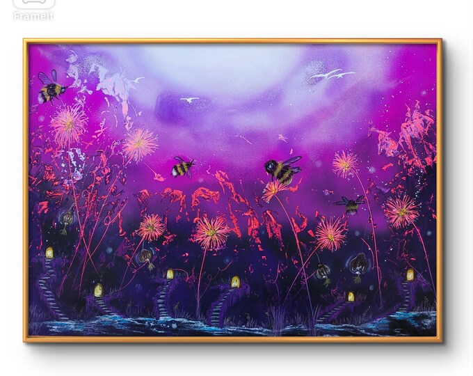 Whimsical Bumble Bee Wall Art - Pink and Purple Fantasy Bee Decor, Bee Art,