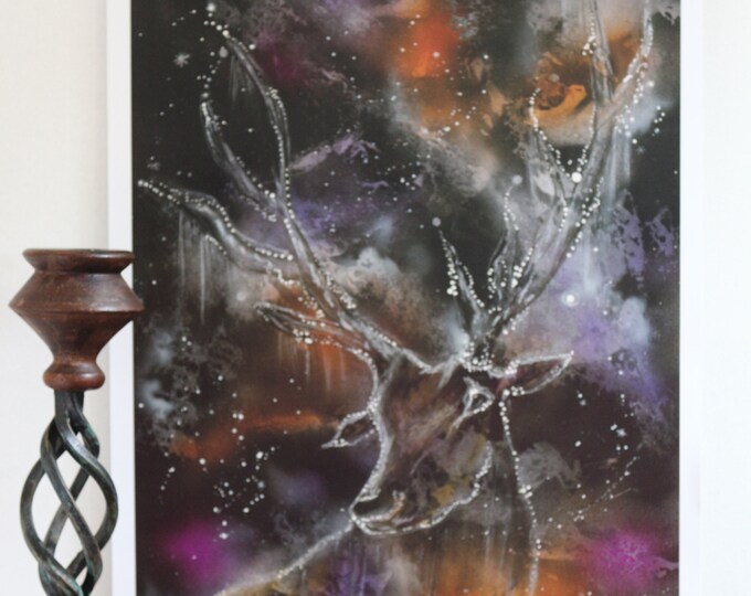 Large stag antler Art prints for Rustic living room decor, Galaxy themed background, woodland creatures for wildlife enthusiasts