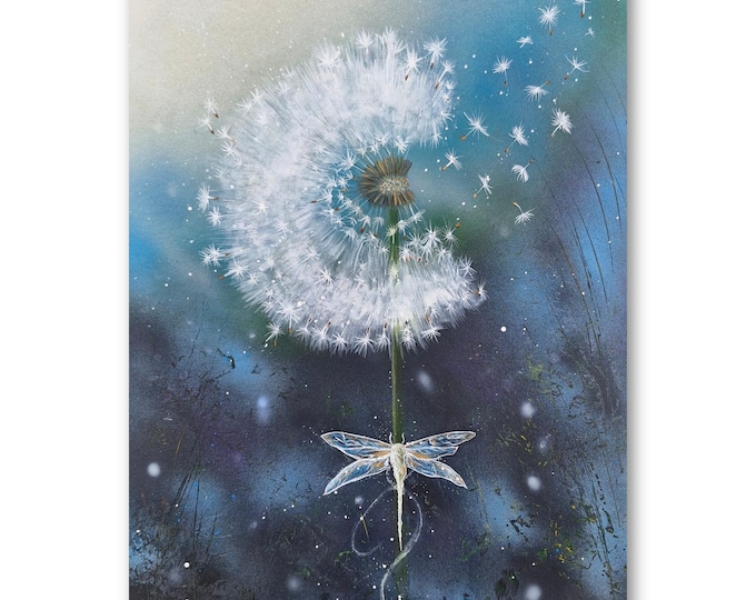 Dandelion Dragonfly Art ,Ethereal Nature Wall Decor, Whimsical Botanical Artwork, Dreamy Mixed Media Painting