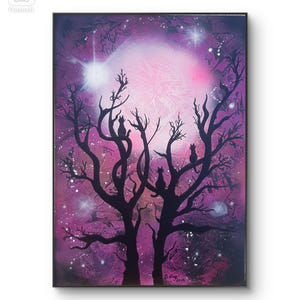 Magical Cat Art Print, Pink Moon and Starry Night, Whimiscal Cat Wall Decor,
