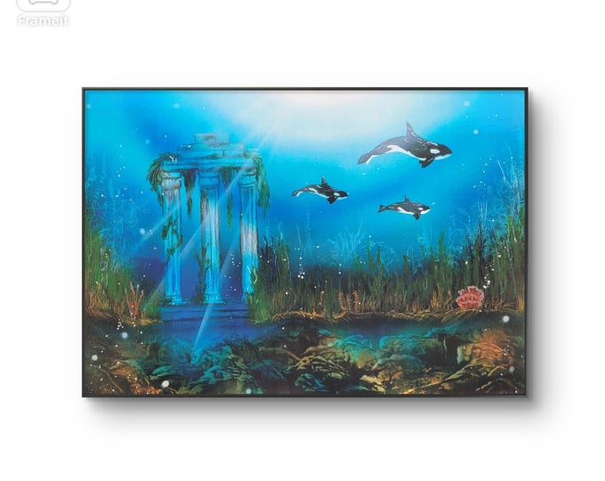 Atlantis themed whale wall art for ocean lovers, Whale art print with atlantis ruins background, Whales atlantis underwater print for home