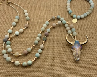 Longhorn Necklace and Bracelet  Amazonite Jewelry  Boho Jewelry Matching Set  Southwestern Cow Skull Necklace