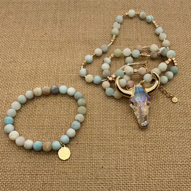 Longhorn Necklace and Bracelet Amazonite Jewelry Boho Jewelry Matching Set Southwestern Cow Skull Necklace