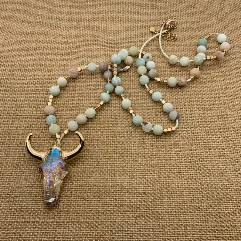 Longhorn Necklace and Bracelet Amazonite Jewelry Boho Jewelry Matching Set Southwestern Cow Skull Necklace