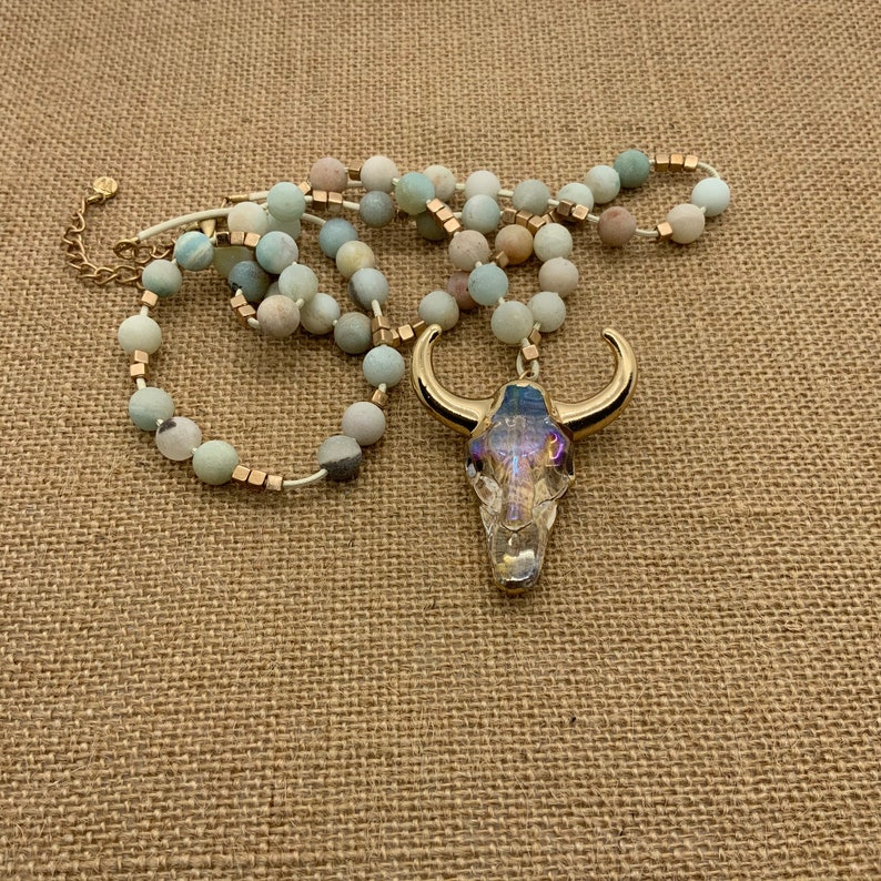 Longhorn Necklace and Bracelet Amazonite Jewelry Boho Jewelry Matching Set Southwestern Cow Skull Necklace