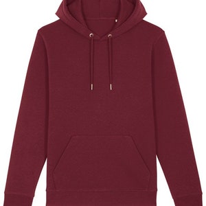 May include: A maroon hooded sweatshirt with a kangaroo pocket.