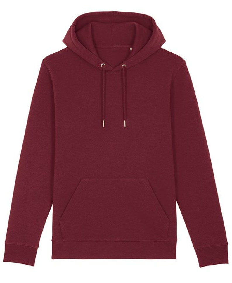 May include: A maroon hooded sweatshirt with a kangaroo pocket.