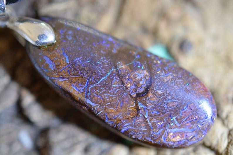 17ct Heart Stone Koroit Buss Boulder Matrix Opal Pendant Necklace Australia Gem Purple/Blue/Green image 1