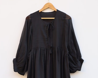 Robe Midi Noire, Mini Robe, Robe Longue Noire Solide, Col Profond avec corde plus proche, Entièrement doublée