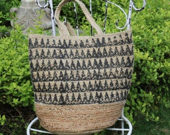 Natural Block Printed Tote Bag - Jute Shopping Bag - Handmade Recycled Fabric Shopper Bag - Colourful Tote Bag - Shoulder Bag - Big Day Bag