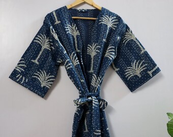 EXPRESS DELIVERY- Indigo Blue Palm Tree Indian kantha Quilted Kimono Robe Jacket, Women Wear Kantha kimono Robe, Indian Handmade Kantha Robe