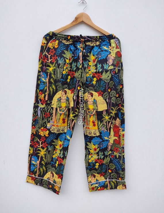 Frida Kahlo Cotton Pants, Women Lounge Pants, Beach Pants, Floral