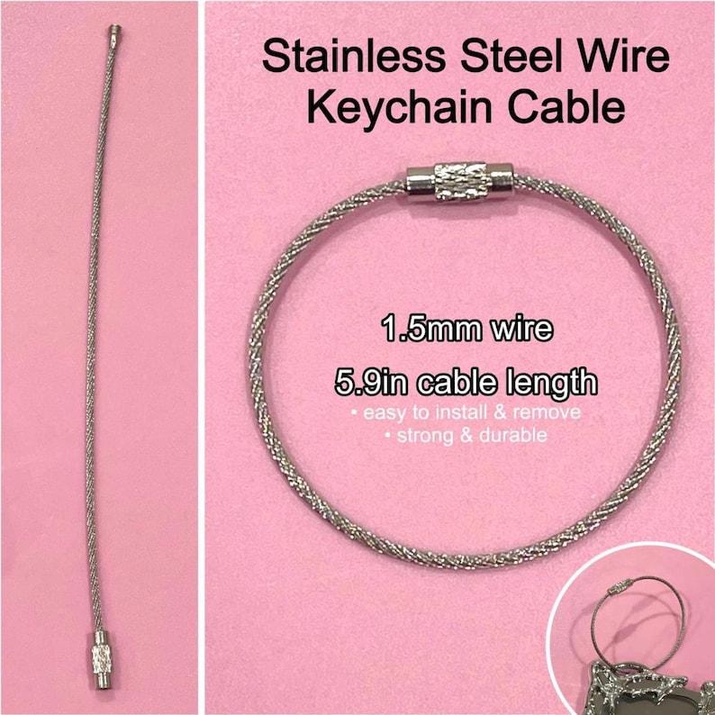 May include: A stainless steel keychain cable, 15 cm long, with a 1.5mm wire. The silver cable has a braided design. The image text states it is easy to install and remove, and strong and durable.
