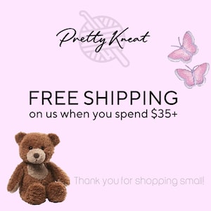 May include: A brown teddy bear with a light brown muzzle and chest patch is on a pink background. The text "Pretty Kreat" is at the top, with "FREE SHIPPING" and other text below. Two pink butterflies are in the upper right corner.