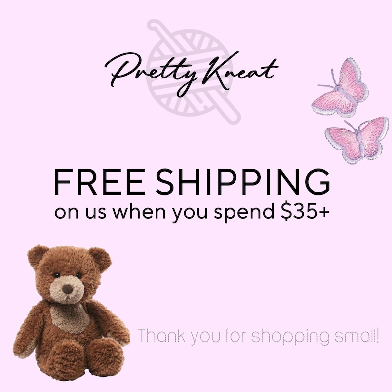 May include: A brown teddy bear with a light brown muzzle and chest patch is on a pink background. The text "Pretty Kreat" is at the top, with "FREE SHIPPING" and other text below. Two pink butterflies are in the upper right corner.