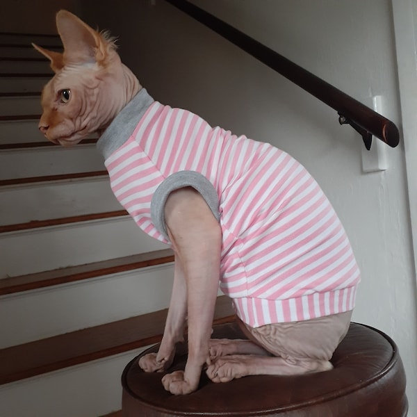 Sphynx Cat Clothes - Sweet Pink n White Stripes - Hairless Cat Shirt - Pet Fashion