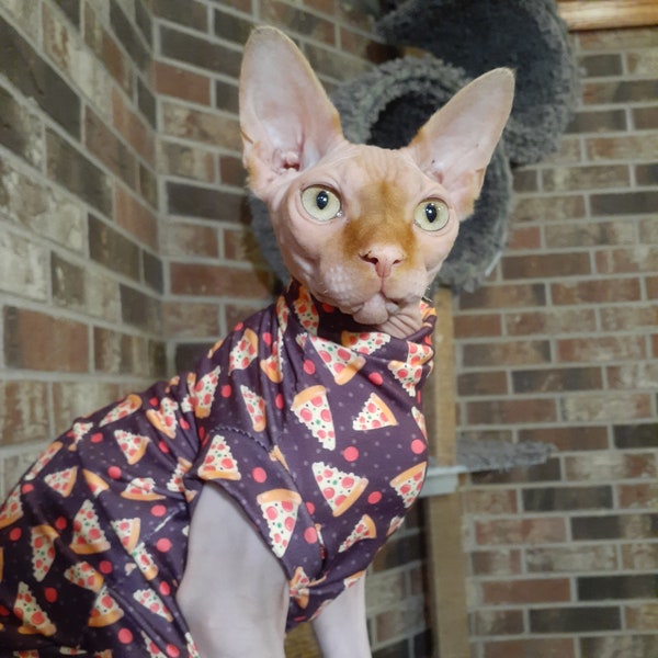 Sphynx Cat Clothes - Pizza Party!! - Hairless Cat Shirt - Pet Clothing