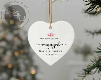 Our First Christmas Engaged Ornament, Custom Christmas Ornament, Couple Ornament, Christmas Ornament, Circle Ornament, Heart Ornament