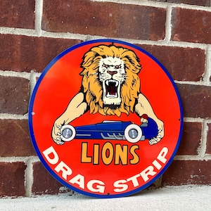 Lions drag racing strip heavy steel vintage style metal sign